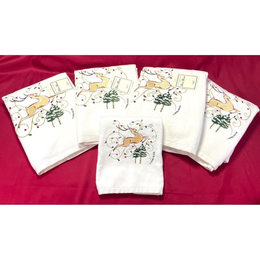 Avanti NOS 1978 Cheri Blum Reindeer Cream Bath Hand Towel Set‎ Christmas Vtg